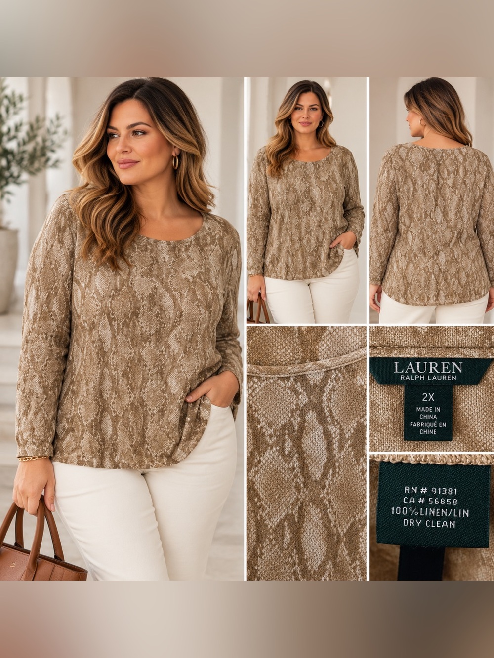 Lauren Ralph Lauren 100% Linen Snake Print Long Sleeve Top